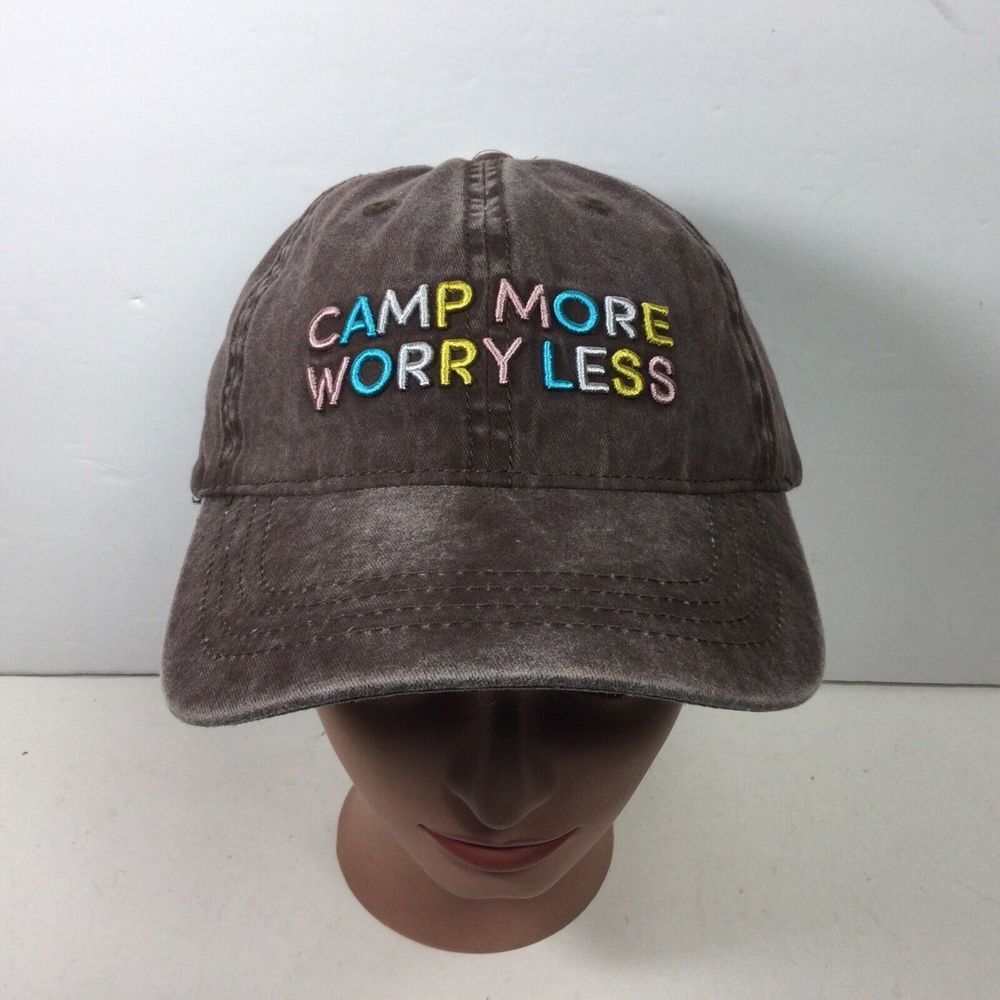 Khaki Brown Distressed Hat Womens Camp More Worry‎ Less  Baseball Cap StrapBack